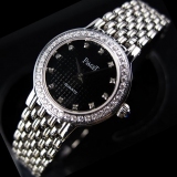 瑞士伯爵Piaget手表 满天星镶钻奢华316精钢钻石刻度两针黑面精简女表 女士手表