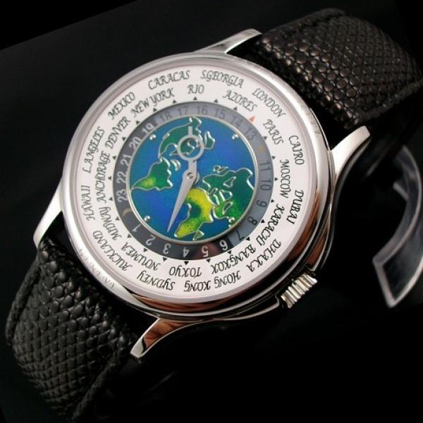 瑞士百达翡丽男表 世界时间蓝面地图全自动机械透底男士手表 真皮表带 瑞士机芯