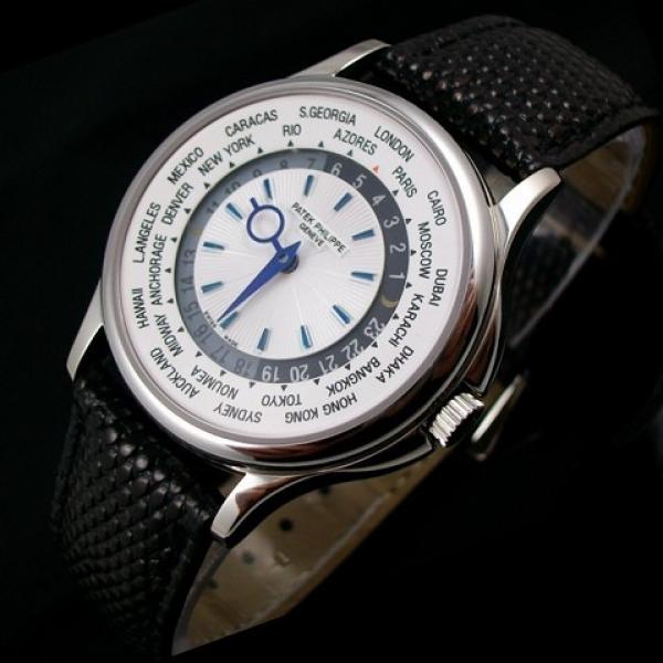 瑞士百达翡丽复杂功能计时系列5130G-019男表 世界时间白面蓝丁自动机械透底男士手表 真皮表带