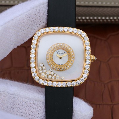 Chopard萧邦HAPPY DIAMONDS经典系列204368-5001 黄金版女士方型腕表 搭载瑞士原装石英机芯 镶钻 绢带表带