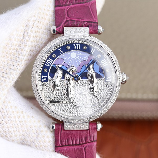精仿卡地亚女手表价格 高仿复刻卡地亚Rêves de Panthères猎豹装饰腕表 镶钻石英女表