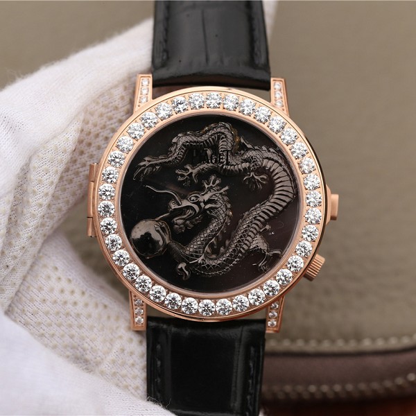 高仿伯爵手表价格 高仿伯爵ALTIPLANO系列G0A34175腕表 玫瑰金镶钻黑面