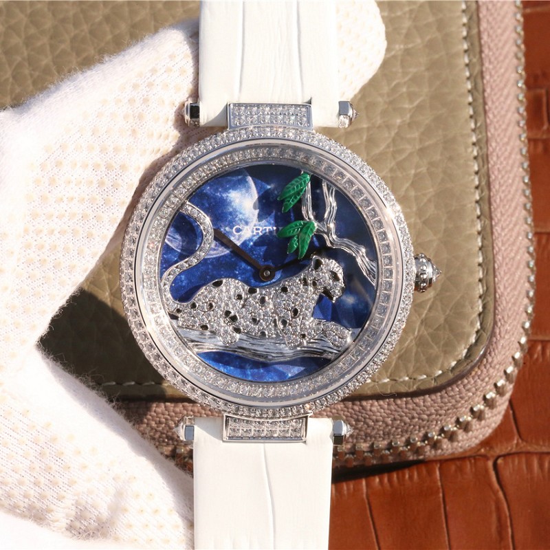 高仿卡地亚手表女 高仿复刻卡地亚创意宝石系列镶钻石英女士腕表 白色表带