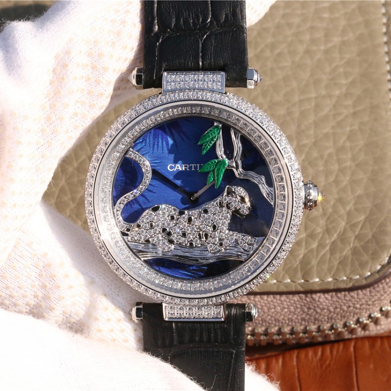 高仿卡地亚 高仿复刻卡地亚创意宝石系列镶钻石英女士腕表 黑色表带