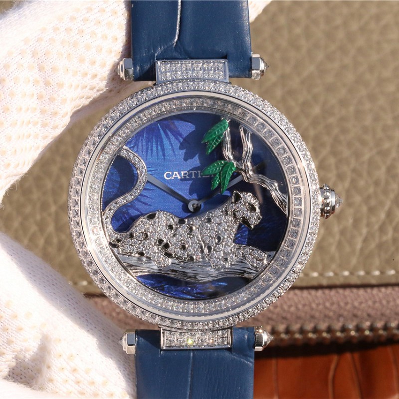 卡地亚高仿表 高仿复刻卡地亚创意宝石系列白金镶钻石英女士腕表 蓝色皮带