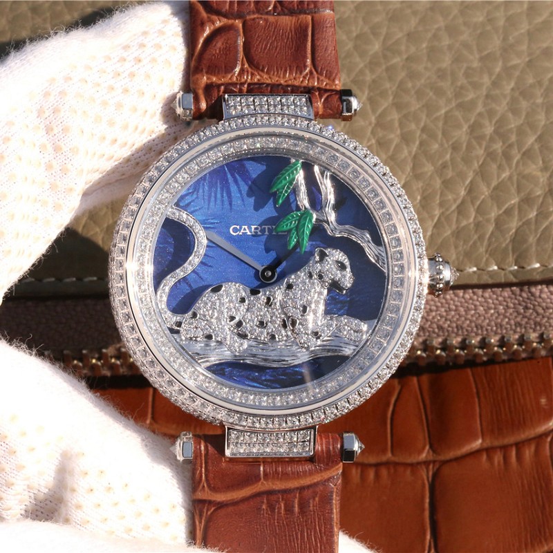 仿卡地亚手表 高仿复刻卡地亚创意宝石系列白金镶钻石英女士腕表 棕色皮带