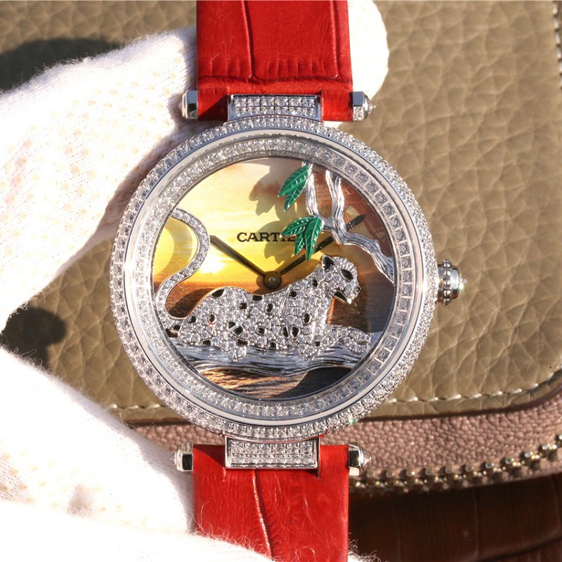 卡地亚精仿表 精仿复刻卡地亚创意宝石系列白金镶钻石英女士腕表 红色表带