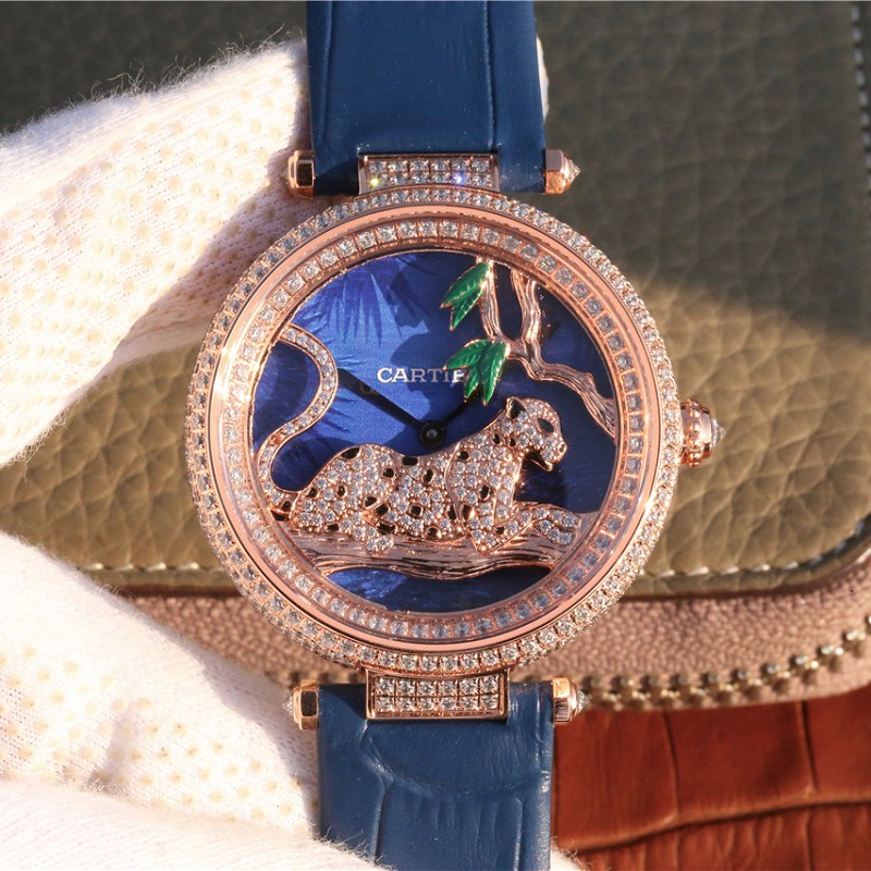 仿卡地亚石英表 高仿卡地亚创意宝石系列玫瑰金镶钻石英女士腕表