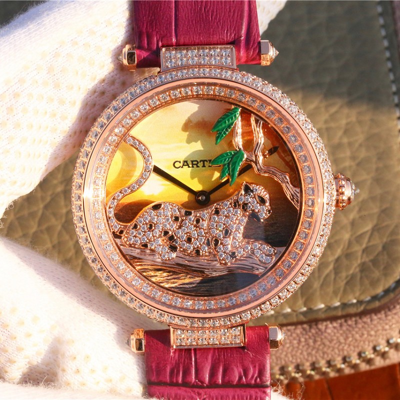 仿卡地亚镶钻表 精仿复刻卡地亚创意宝石系列玫瑰金镶钻石英女士腕表