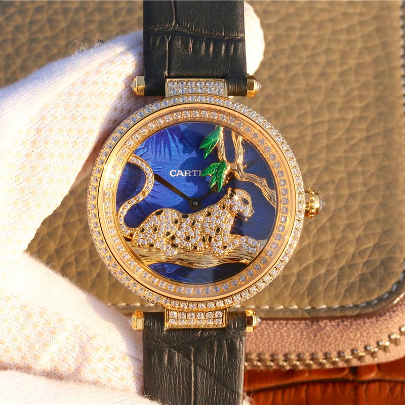 仿卡地亚女款表 高仿复刻卡地亚创意宝石系列18K包金 女士石英腕表