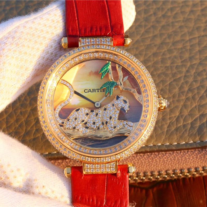 卡地亚高仿表图片 精仿复刻卡地亚创意宝石系列18K包金 女士石英腕表