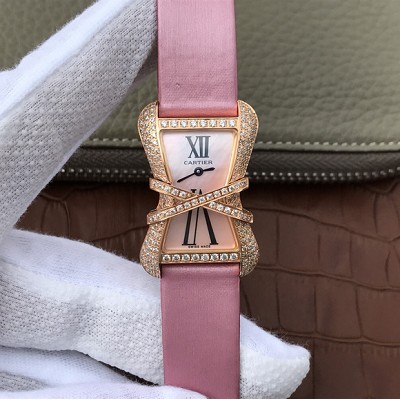 高仿一比一名表卡地亚表 V6卡地亚CARTIER LIBRE系列WJ306014腕表 粉红色绢丝带 女士石英手表