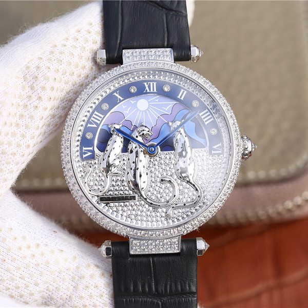高仿卡地亚18K白金镶钻石英 复刻卡地亚Rêves de Panthères猎豹装饰腕表 黑色表带