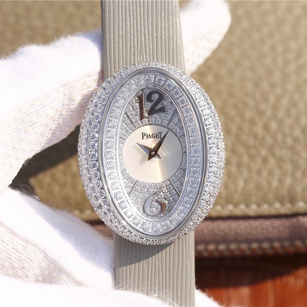 一对一高仿伯爵手表 精仿伯爵LIMELIGHT系列G0A35096 灰色表带 镶钻石英女表