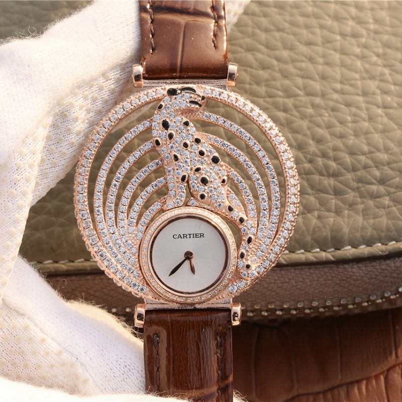 高仿卡地亚手表 精仿卡地亚925纯银+玫瑰金打造猎豹装饰腕表 棕色皮带