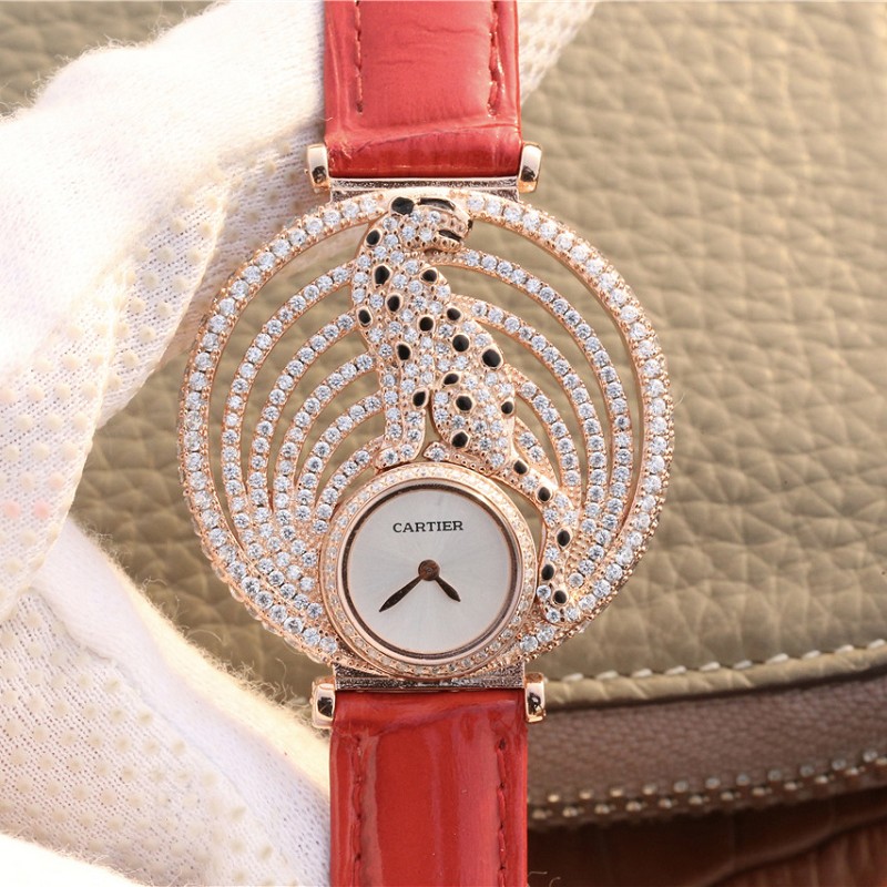 卡地亚高仿手表 高仿卡地亚925纯银+玫瑰金打造猎豹装饰腕表 红色皮带