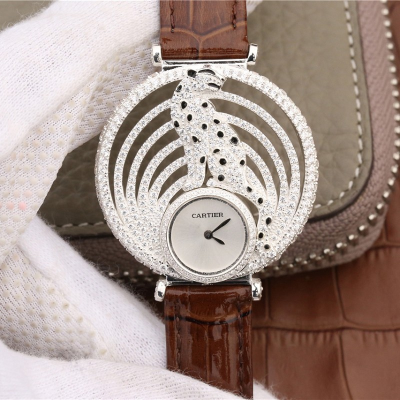 卡地亚高仿手表 精仿复刻卡地亚925纯银+铂金打造猎豹装饰腕表